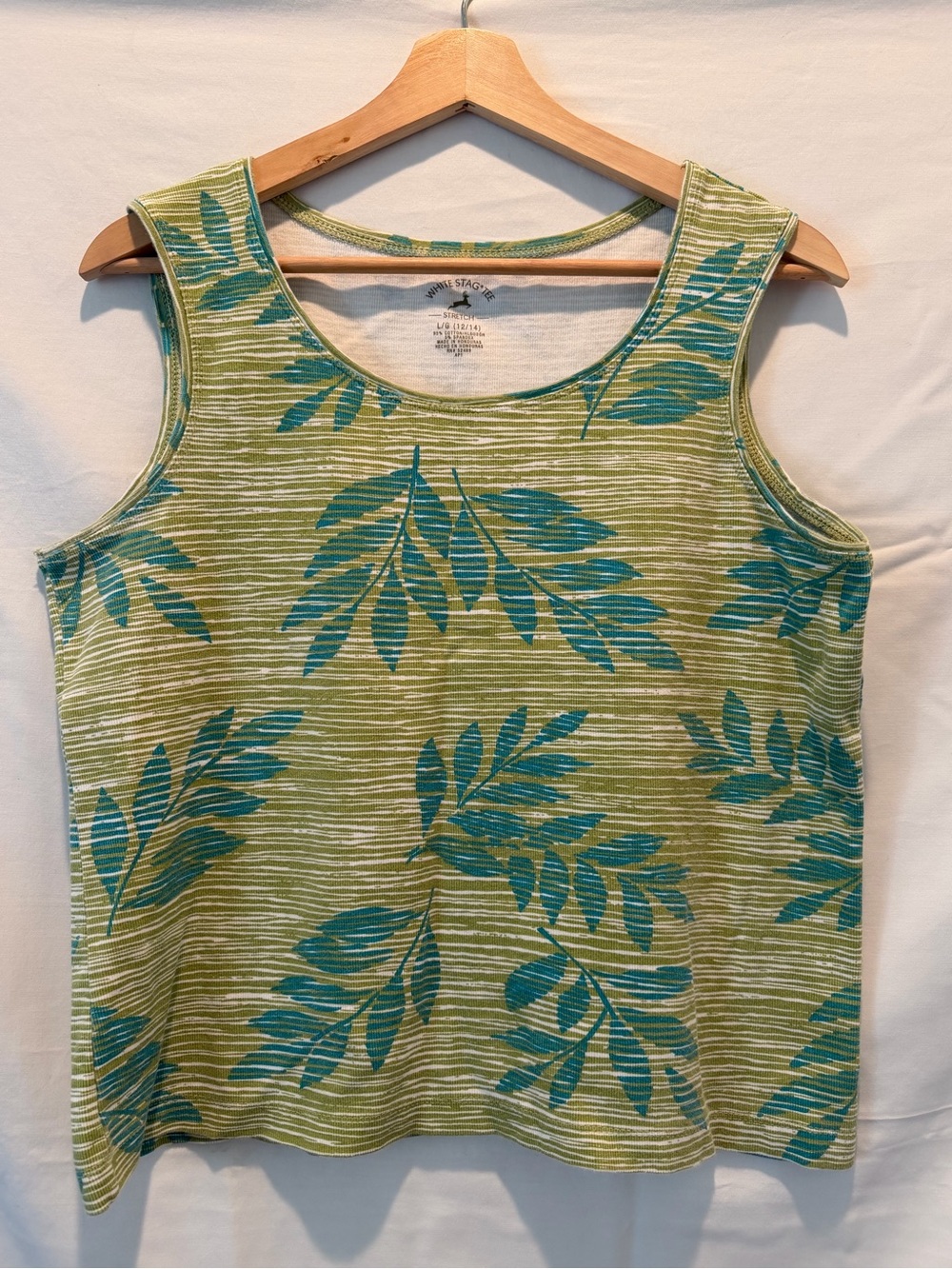Vintage White Stag Green and Teal Leaf Print Sleeveless Cotton blendTank Size L